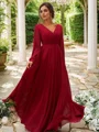 A-Line/Princess Chiffon Ruched V-neck Long Sleeves Floor-Length Bridesmaid Dresses