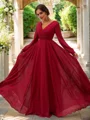 A-Line/Princess Chiffon Ruched V-neck Long Sleeves Floor-Length Bridesmaid Dresses