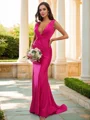 Trumpet/Mermaid Jersey Ruched V-neck Sleeveless Sweep Train Bridesmaid Dresses