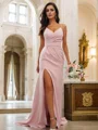 Sheath/Column Stretch Crepe Ruched V-neck Sleeveless Sweep Train Bridesmaid Dresses