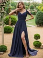 A-Line/Princess Chiffon Ruched V-neck Sleeveless Sweep Train Bridesmaid Dresses