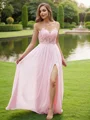 A-Line/Princess Chiffon Applique Scoop Short Sleeves Floor-Length Bridesmaid Dresses