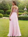 A-Line/Princess Chiffon Applique Scoop Short Sleeves Floor-Length Bridesmaid Dresses