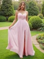 A-Line/Princess Chiffon Applique Scoop Short Sleeves Floor-Length Bridesmaid Dresses