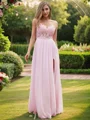 A-Line/Princess Chiffon Applique Scoop Short Sleeves Floor-Length Bridesmaid Dresses