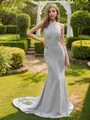 Sheath/Column Stretch Crepe Lace Halter Sleeveless Sweep Train Bridesmaid Dresses