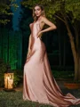 Sheath/Column Charmeuse Ruched Spaghetti Straps Sleeveless Sweep Train Bridesmaid Dresses
