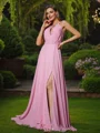 A-Line/Princess Chiffon Ruched Scoop Sleeveless Sweep Train Bridesmaid Dresses