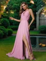 A-Line/Princess Chiffon Ruched Scoop Sleeveless Sweep Train Bridesmaid Dresses