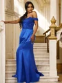 Sheath/Column Silk like Satin Applique Off-the-Shoulder Sleeveless Sweep Train Bridesmaid Dresses