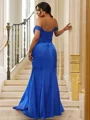 Sheath/Column Silk like Satin Applique Off-the-Shoulder Sleeveless Sweep Train Bridesmaid Dresses