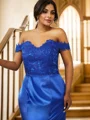 Sheath/Column Silk like Satin Applique Off-the-Shoulder Sleeveless Sweep Train Bridesmaid Dresses
