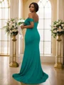 Sheath/Column Jersey Ruffles Off-the-Shoulder Sleeveless Sweep Train Bridesmaid Dresses