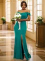 Sheath/Column Jersey Ruffles Off-the-Shoulder Sleeveless Sweep Train Bridesmaid Dresses