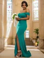 Sheath/Column Jersey Ruffles Off-the-Shoulder Sleeveless Sweep Train Bridesmaid Dresses