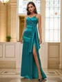 A-Line/Princess Silk Like Satin Ruched Spaghetti Straps Sleeveless Floor-Length Bridesmaid Dresses