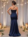 Sheath/Column Silk Like Satin Ruched V-neck Sleeveless Sweep Train Bridesmaid Dresses