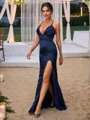 Sheath/Column Silk Like Satin Ruched V-neck Sleeveless Sweep Train Bridesmaid Dresses