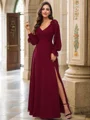 A-Line/Princess Chiffon Bowknot V-neck Long Sleeves Floor-Length Bridesmaid Dresses