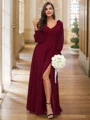 A-Line/Princess Chiffon Bowknot V-neck Long Sleeves Floor-Length Bridesmaid Dresses