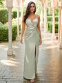 Sheath/Column Silk like Satin Ruched V-neck Sleeveless Floor-Length Bridesmaid Dresses