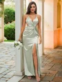 Sheath/Column Silk like Satin Ruched V-neck Sleeveless Floor-Length Bridesmaid Dresses