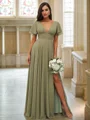 A-Line/Princess Chiffon Ruffles V-neck Short Sleeves Floor-Length Bridesmaid Dresses