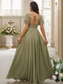 A-Line/Princess Chiffon Ruffles V-neck Short Sleeves Floor-Length Bridesmaid Dresses