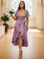 A-Line/Princess Silk like Satin Ruffles V-neck Short Sleeves Asymmetrical Bridesmaid Dresses