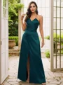 A-Line/Princess Silk Like Satin Ruched V-neck Sleeveless Floor-Length Bridesmaid Dresses