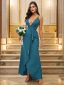 A-Line/Princess Silk like Satin Ruffles V-neck Sleeveless Floor-Length Bridesmaid Dresses