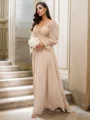 A-Line/Princess Chiffon Lace V-neck Long Sleeves Sweep Train Bridesmaid Dresses