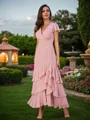 A-Line/Princess Chiffon Ruched V-Neck Short Sleeves Ankle-Length Bridesmaid Dresses