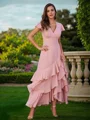 A-Line/Princess Chiffon Ruched V-Neck Short Sleeves Ankle-Length Bridesmaid Dresses