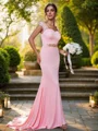 Sheath/Column Jersey Rhinestone Square Sleeveless Sweep Train Bridesmaid Dresses