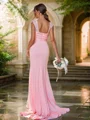 Sheath/Column Jersey Rhinestone Square Sleeveless Sweep Train Bridesmaid Dresses