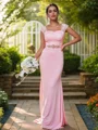 Sheath/Column Jersey Rhinestone Square Sleeveless Sweep Train Bridesmaid Dresses