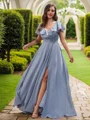 A-Line/Princess Chiffon Ruched V-Neck Short Sleeves Floor-Length Bridesmaid Dresses