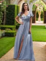 A-Line/Princess Chiffon Ruched V-Neck Short Sleeves Floor-Length Bridesmaid Dresses