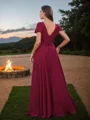 A-Line/Princess Chiffon Ruched V-Neck Short Sleeves Floor-Length Bridesmaid Dresses