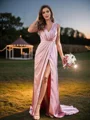 A-Line/Princess Silk Like Satin Ruched V-neck Sleeveless Sweep Train Bridesmaid Dresses