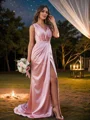 A-Line/Princess Silk Like Satin Ruched V-neck Sleeveless Sweep Train Bridesmaid Dresses