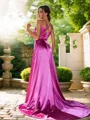 A-Line/Princess Silk like Satin Ruched V-neck Sleeveless Sweep Train Bridesmaid Dresses