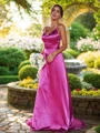 A-Line/Princess Silk like Satin Ruched V-neck Sleeveless Sweep Train Bridesmaid Dresses