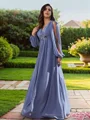 A-Line/Princess Chiffon Applique V-neck Long Sleeves Floor-Length Bridesmaid Dresses