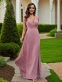 A-Line/Princess Chiffon Ruched V-neck Sleeveless Floor-Length Bridesmaid Dresses
