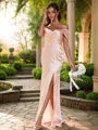 Sheath/Column Silk like Satin Ruched Off-the-Shoulder Sleeveless Floor-Length Bridesmaid Dresses