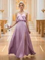 A-Line/Princess Silk like Satin Ruched V-neck Sleeveless Floor-Length Bridesmaid Dresses