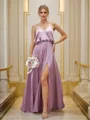 A-Line/Princess Silk like Satin Ruched V-neck Sleeveless Floor-Length Bridesmaid Dresses