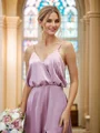 A-Line/Princess Silk like Satin Ruched V-neck Sleeveless Floor-Length Bridesmaid Dresses